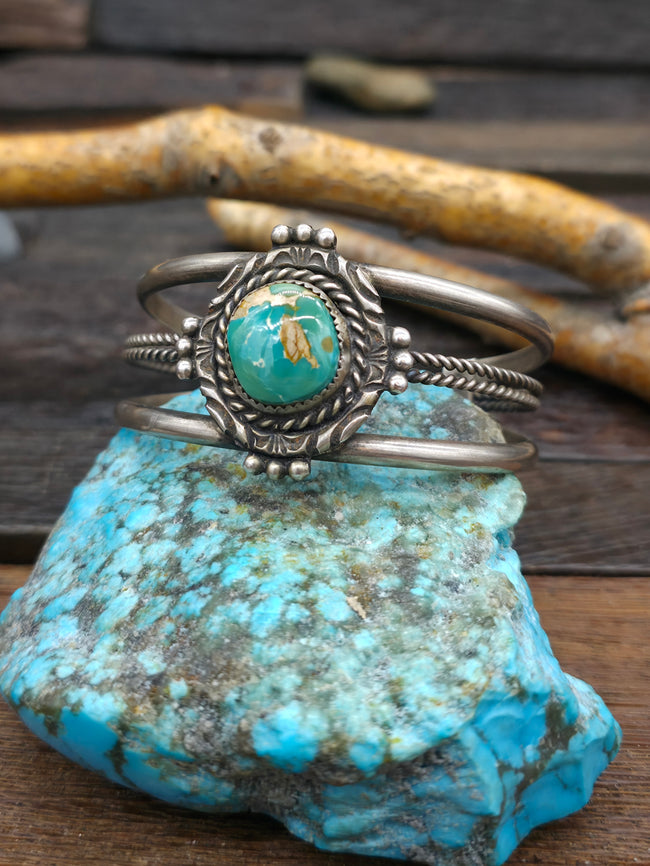 Green Turquoise Sterling Silver Three Band Cuff - 6 1/4 in. w/gap