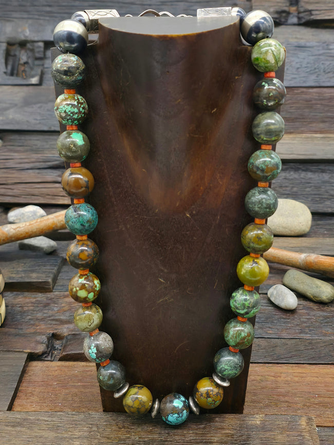 Large Skyhorse Turquoise, Sponge Coral, and Sterling Silver Bead Necklace by Fred Archuleta - 24 in