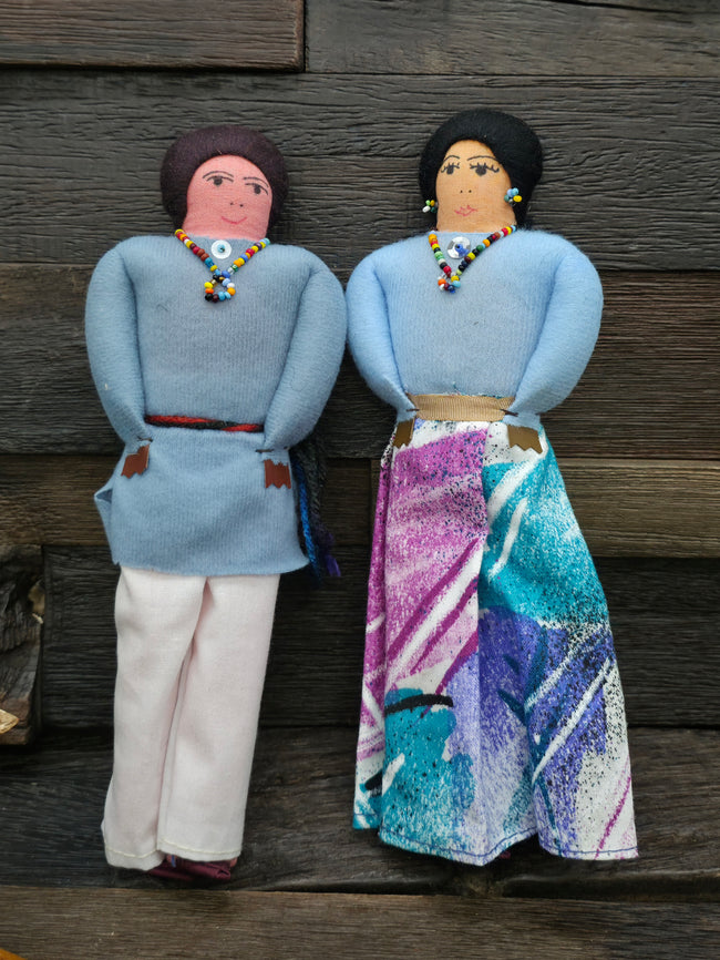Handmade Cloth Doll Male and Female Set - Light Blue Shirts