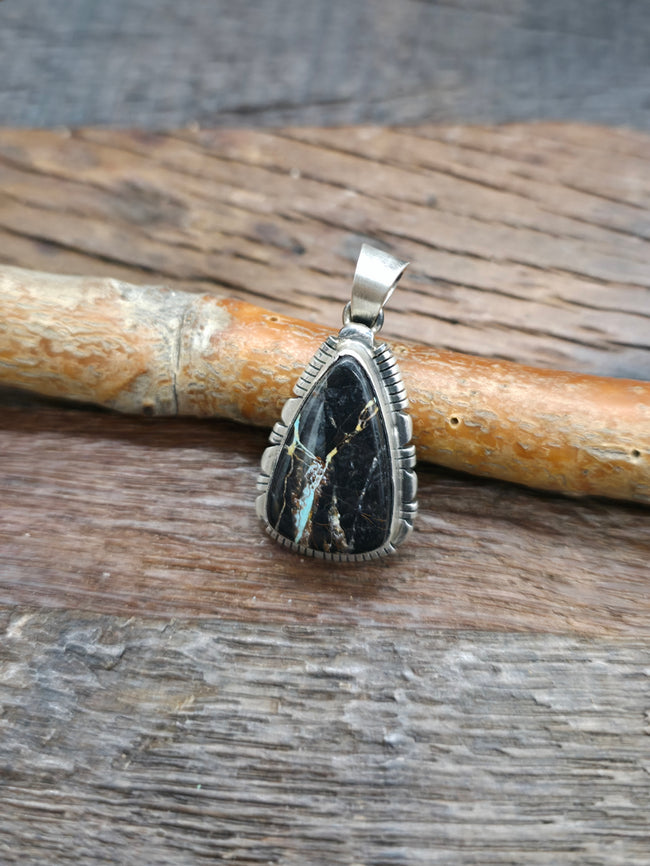 Sterling Silver Black Jack Turquoise Pendant - 1 1/2 in. by 3/4 in.