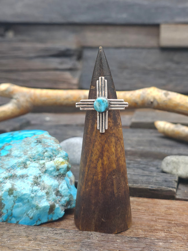 Small Sterling Silver and Turquoise Zia Symbol Ring NON-NATIVE MADE - Size 7
