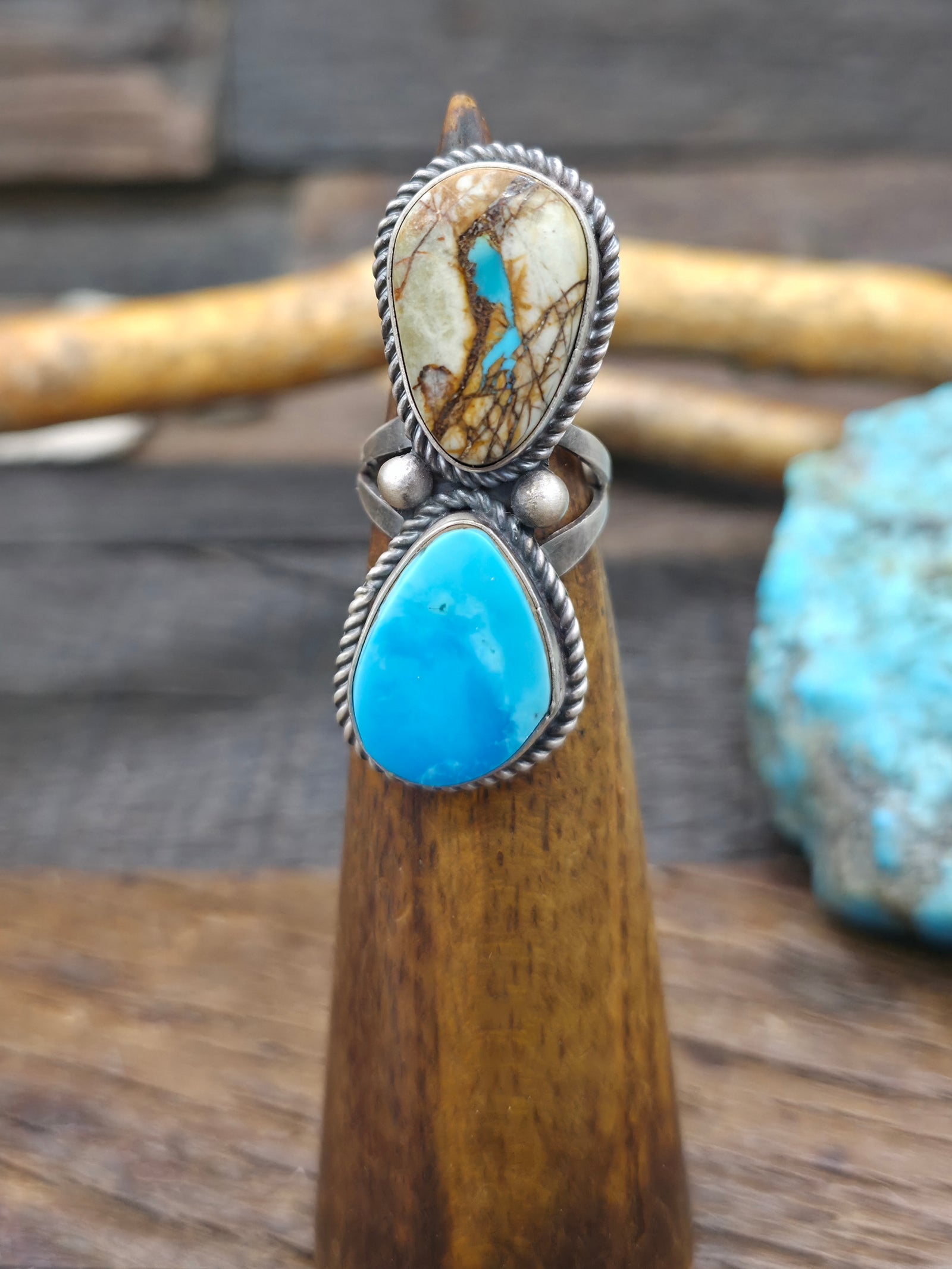 Two Stone Sterling Silver Candelaria and Blue Gem Ribbon Turquoise Ring by L. Ganado - Size 7