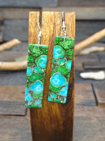 Long Turquoise Slab Earrings with Sterling Silver by Veronica Tortalita
