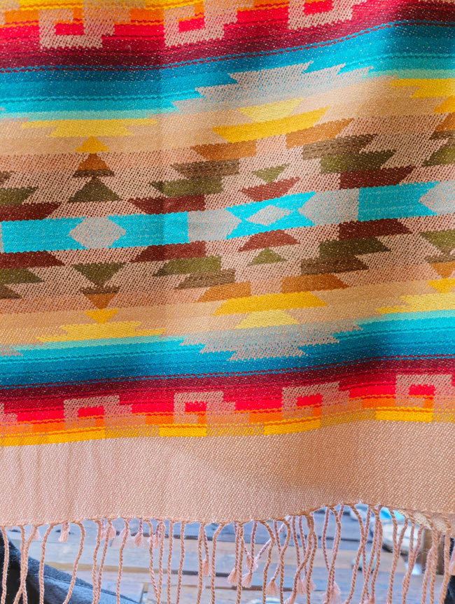 Pink Blanket Print Poncho with Fringe - Cream Reverse