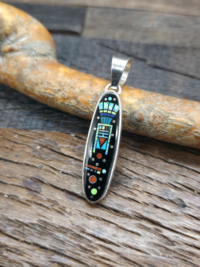 Sterling Silver Night Sky Yei Inlay Pendant with Onyx, Coral, Turquoise, and Opal - 2 in. by 1/2 in.