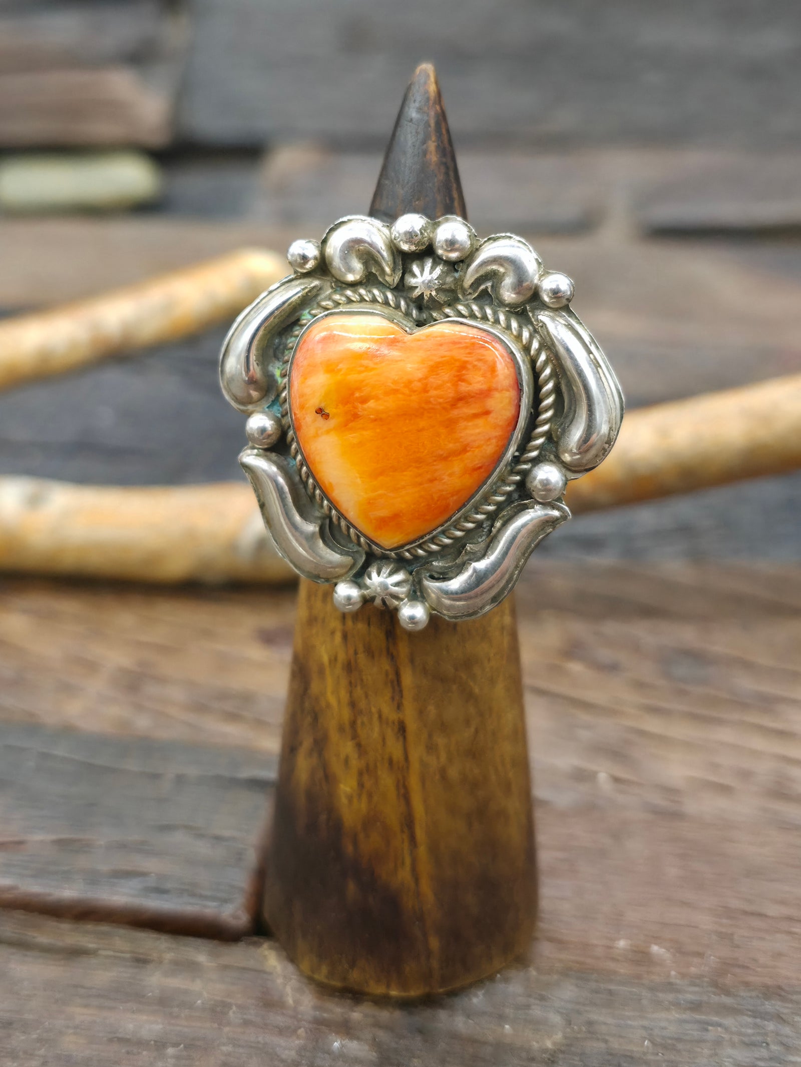 Repousse Stamped Sterling Silver Orange Spiny Heart Ring by Richard Jim - Adjustable