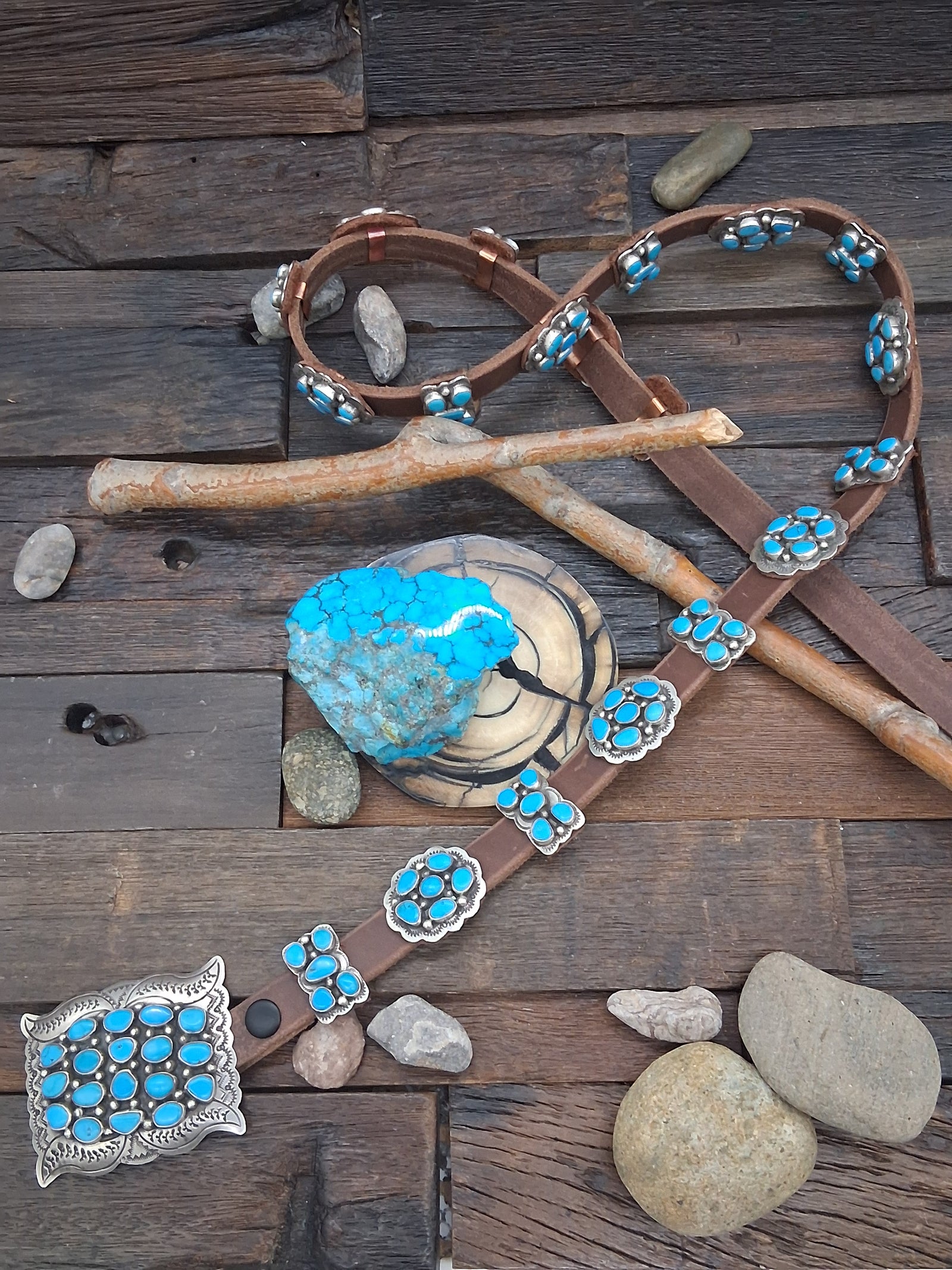 Turquoise Sterling Silver Concho Belt w/Brown Leather by Marilyn Ramone - 50 in.