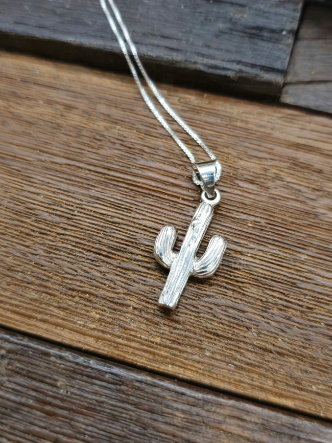 Blue Turquoise Inlay Cactus Pendant on 18 in. Sterling Silver Chain by Jane Francisco