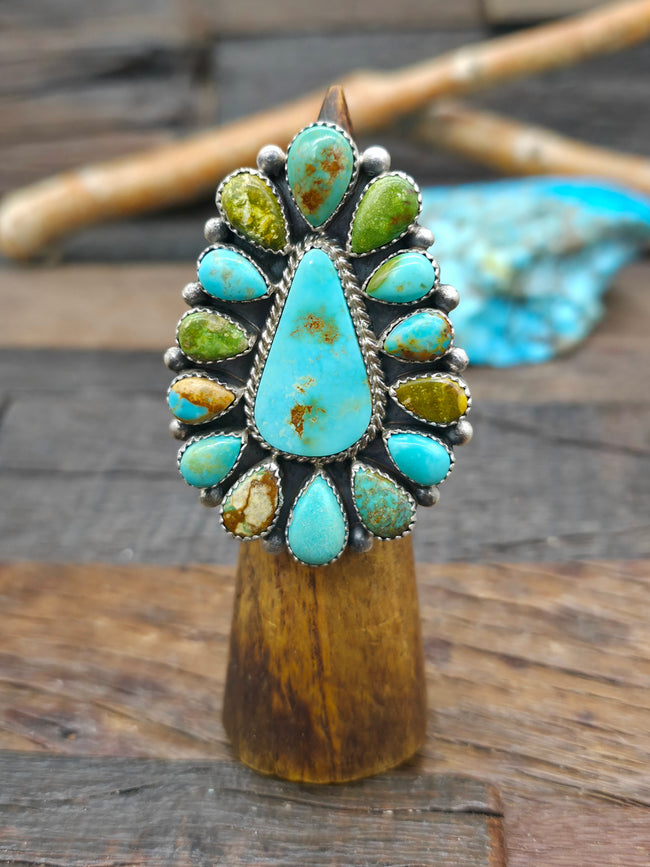 Sterling Silver Mixed Turquoise Cluster Ring by A. Spencer - Adjustable