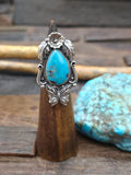 Sterling Silver Flower and Butterfly Applique and Turquoise Ring by B. Jimenez - Adjustable