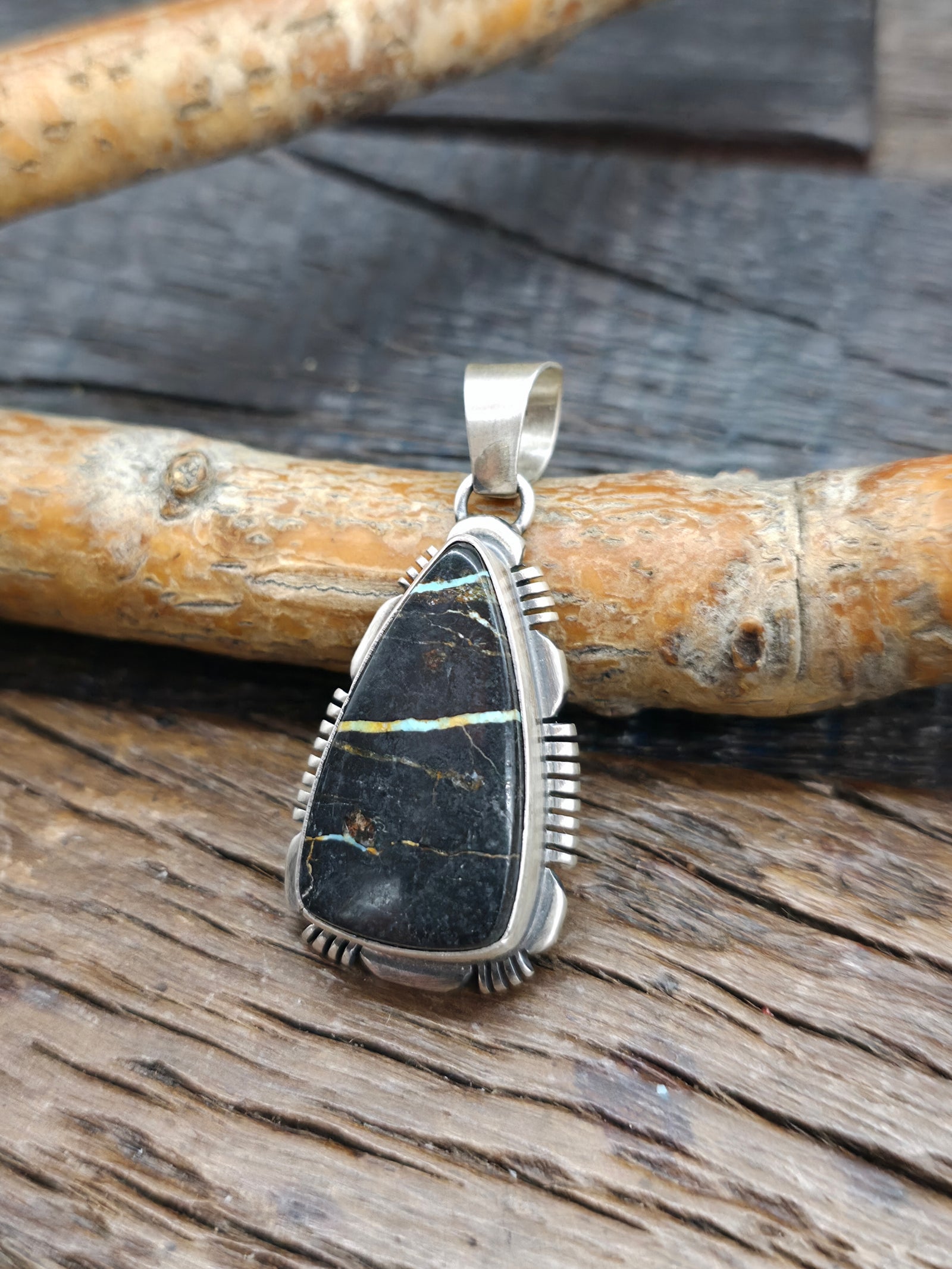 Sterling Silver Black Jack Turquoise Pendant - 1 1/2 in. by 3/4 in.