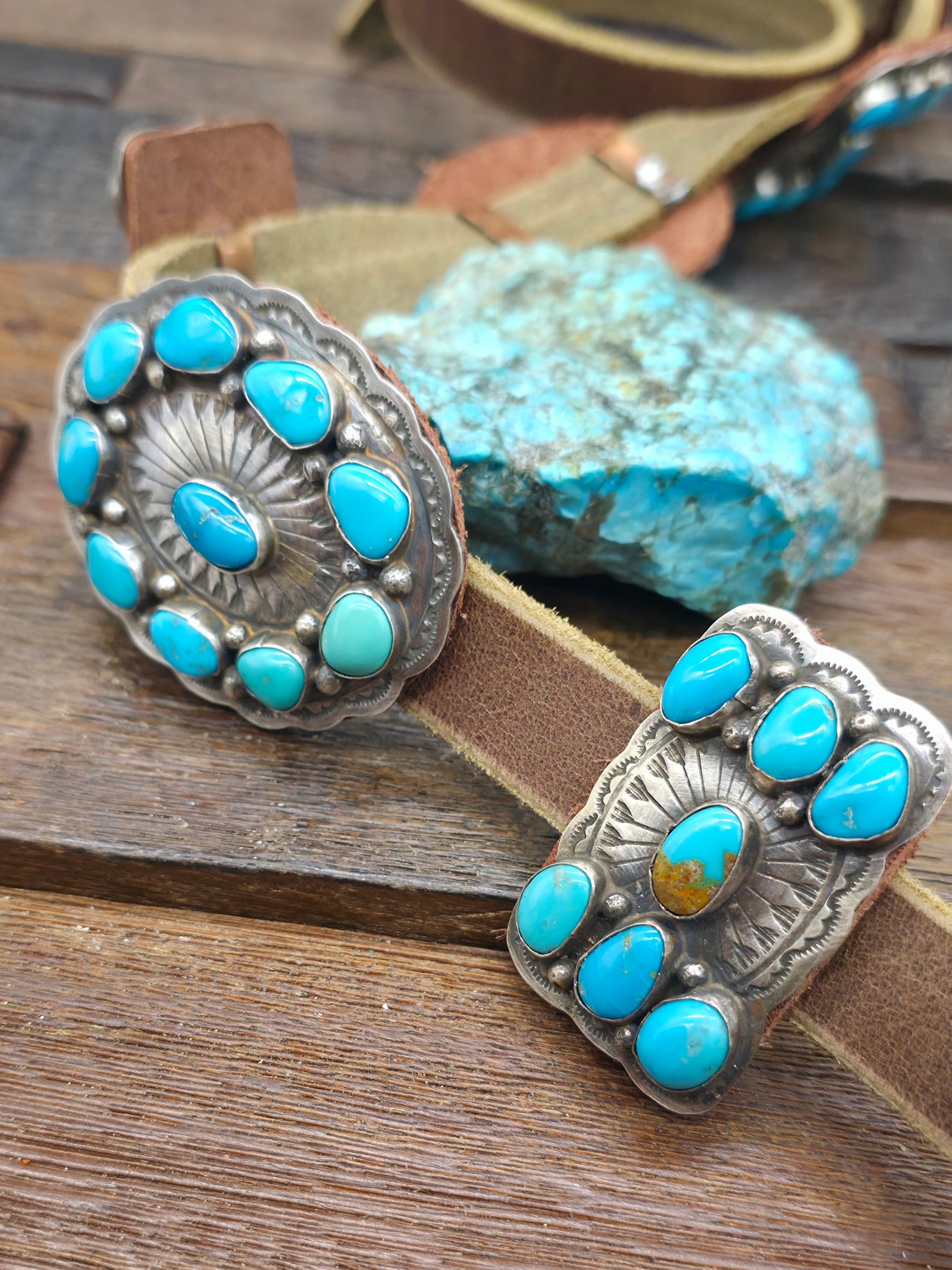 Stamped Sterling Silver and Turquoise Concho Belt by Dan Morgan - 52 in.