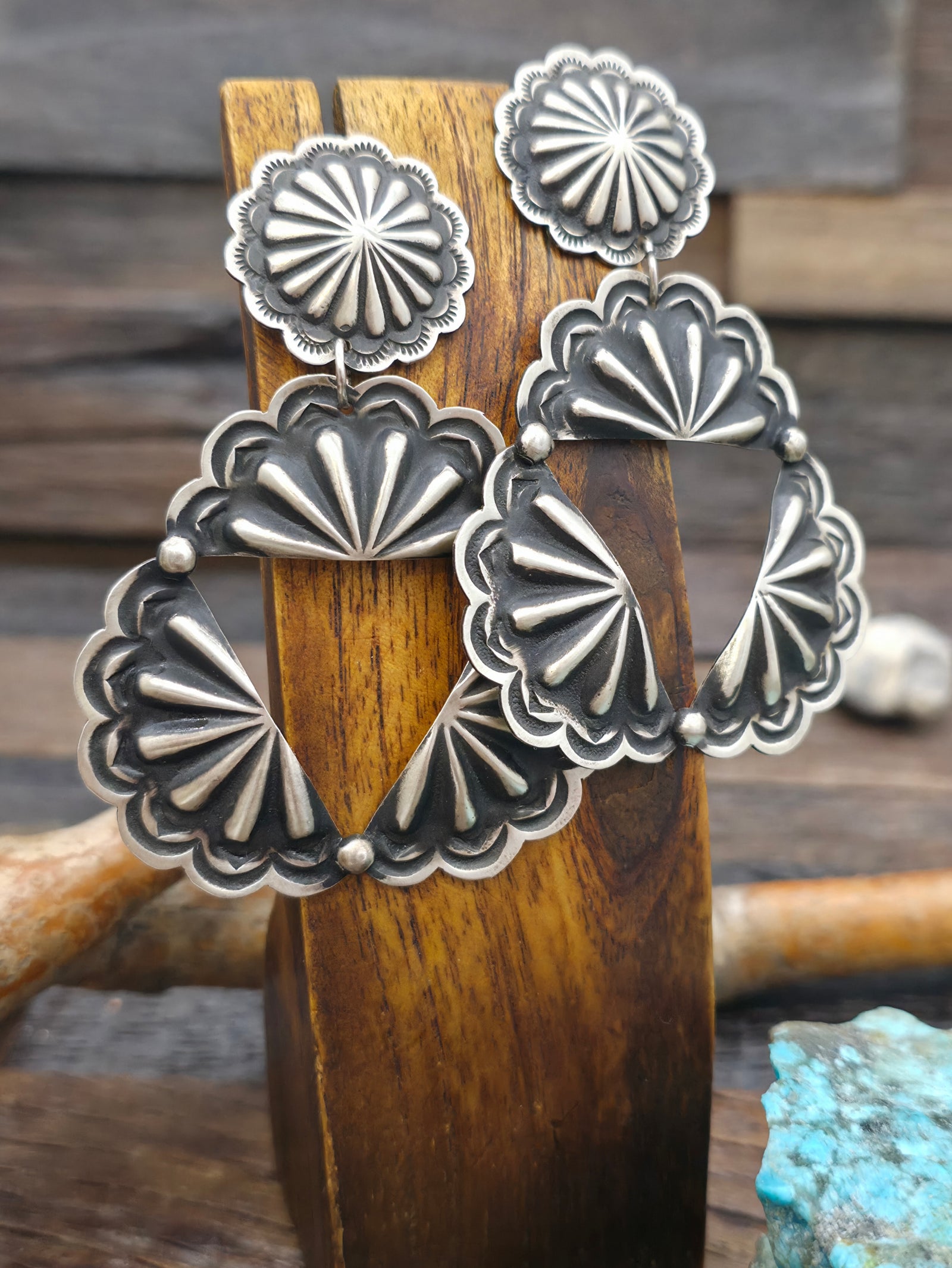 Stamped Sterling Silver Earrings by Leander Tahe - 3 in. by 2 in.