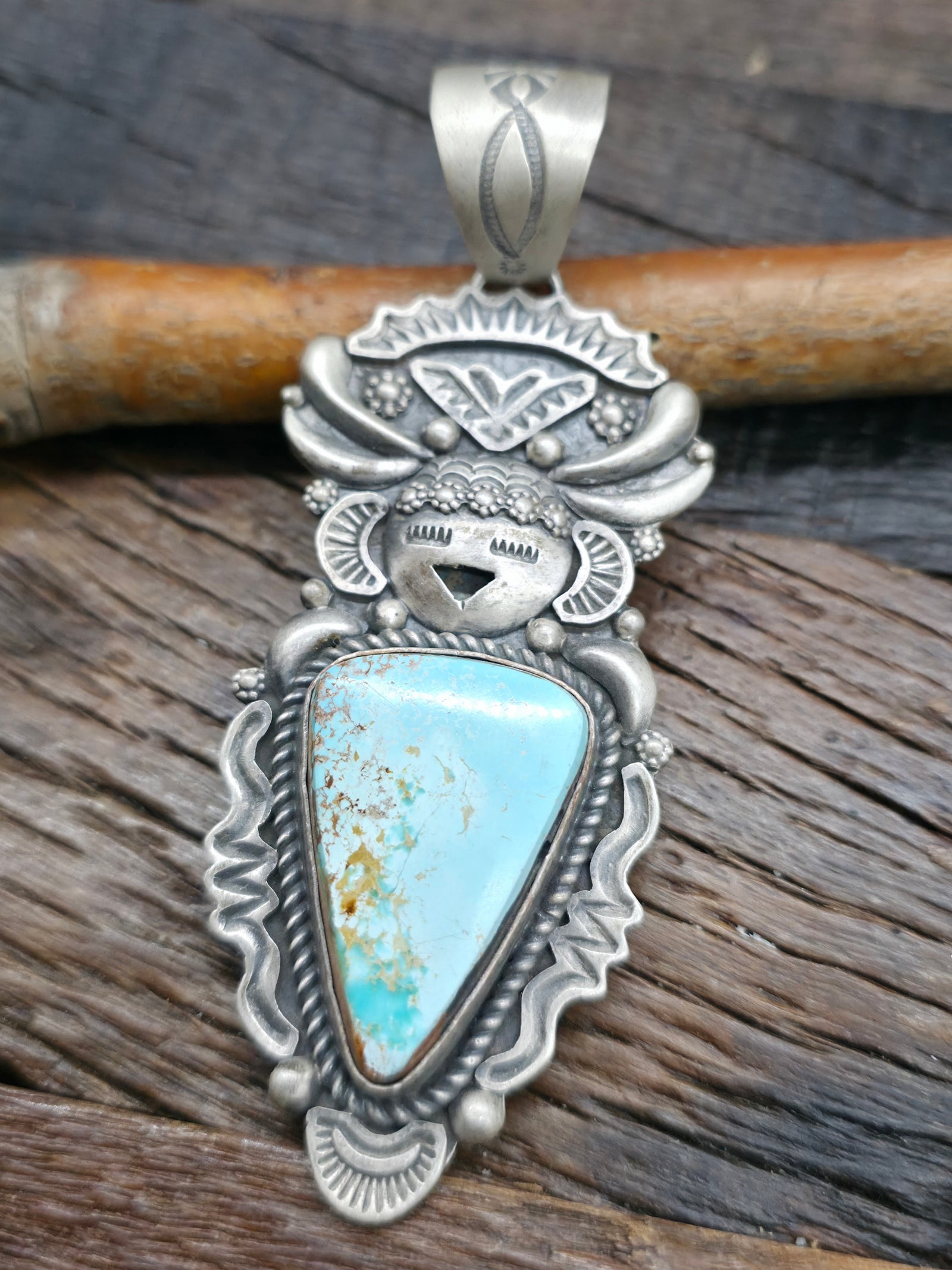 Sterling Silver Turquoise Kachina Pendant by Ronald Tom - 3 3/4 in. by 1 1/2 in.