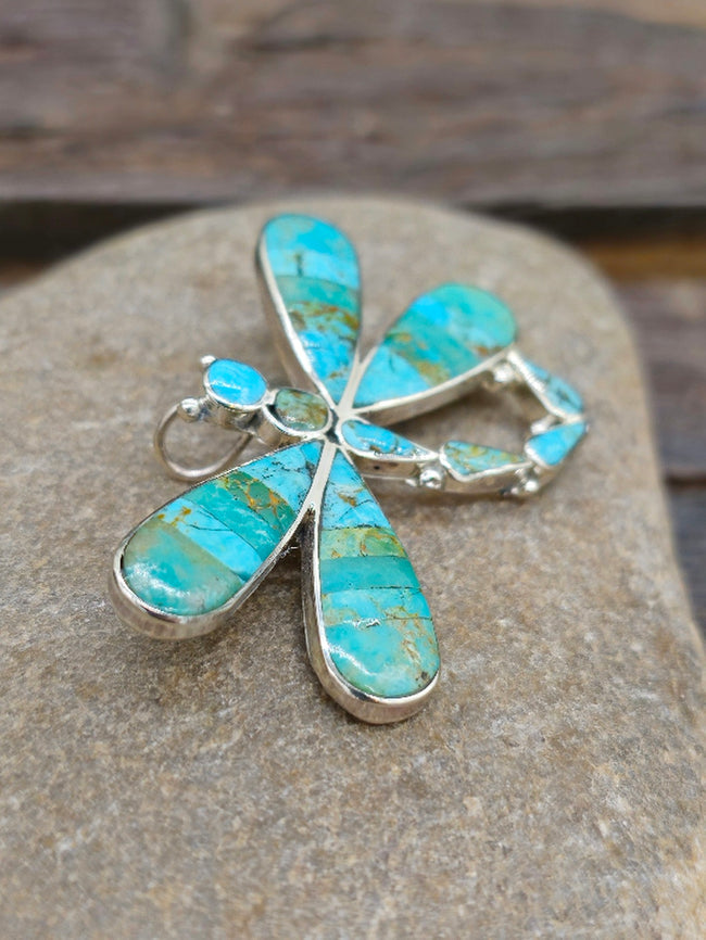 Turquoise Inlaid Dragonfly Pin/Pendant by Agnes Ahiyate