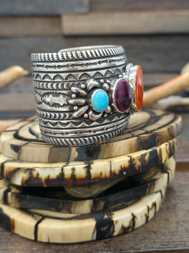 Stamped Sterling Silver Cuff with Purple and Orange Spiny and Turquoise by Happy Piasso - 6 1/4 in.