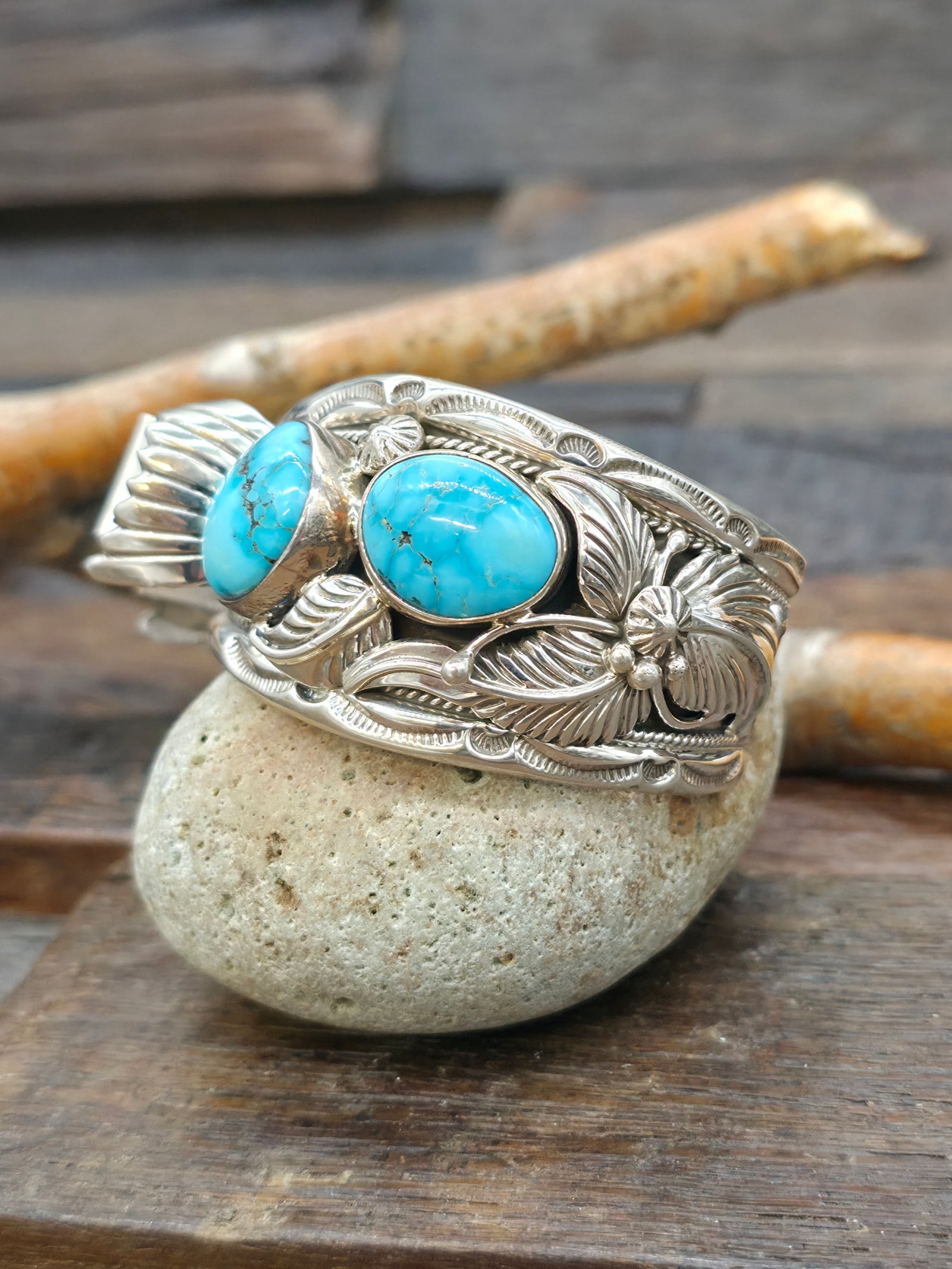 Sterling Silver and Turquoise Leaf Applique Watch Cuff by Delbert Vandever - 6 3/4 in. with Gap