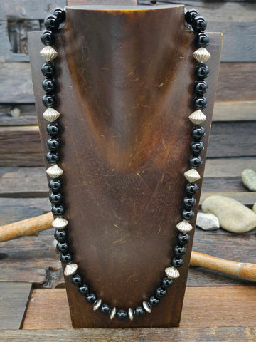 Black Onyx Squash Blossom Necklace and Earring Set by Linda Yazzie 28 in.