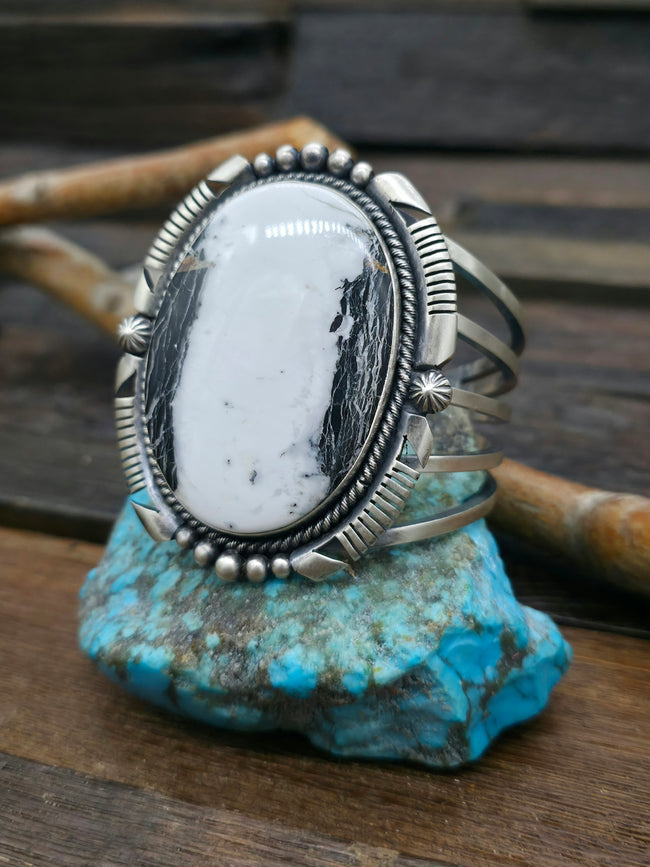 Sterling Silver and White Buffalo Cuff by Paul Livingston  - 6 1/2 in.