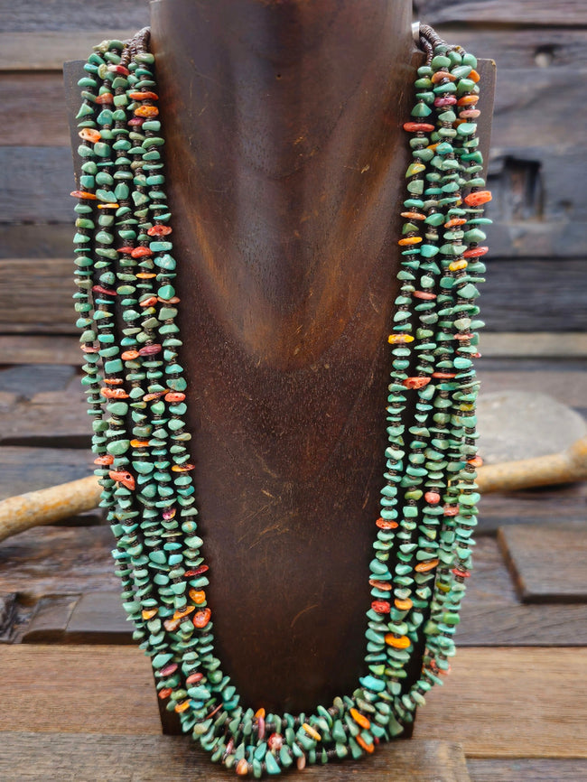 Five Strand Green Turquoise, Orange and Purple Spiny Oyster, and Heishi Necklace by Angie Crespin 24 in.