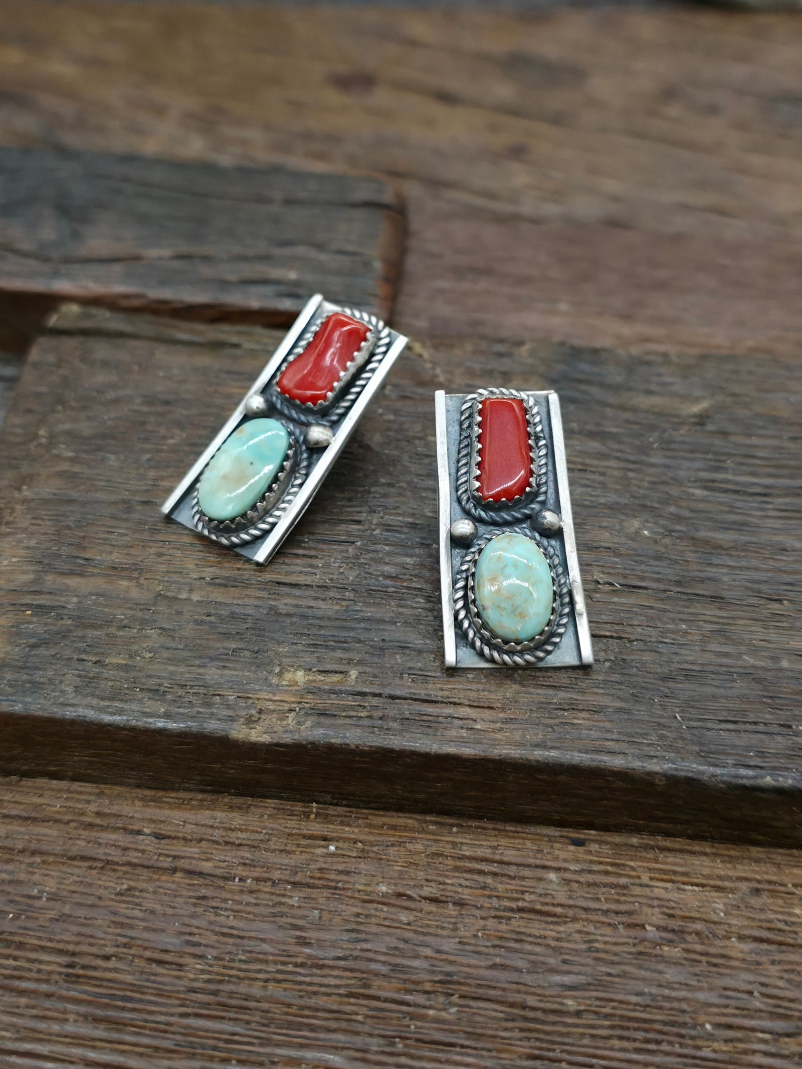 Sterling Silver Dry Creek Turquoise and Coral Post Earrings by LaRose Ganadanegro