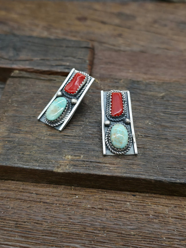Sterling Silver Dry Creek Turquoise and Coral Post Earrings by LaRose Ganadanegro