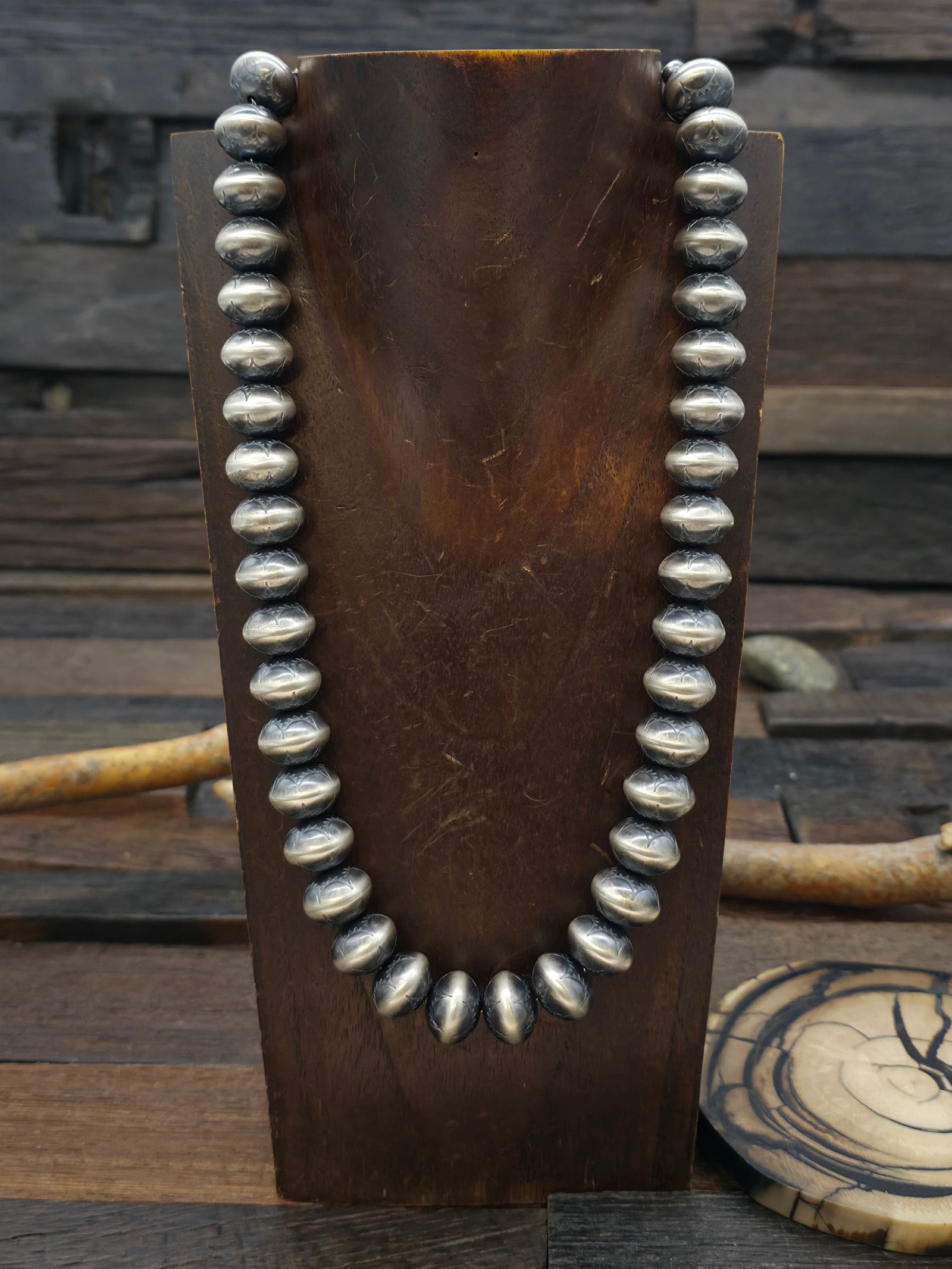 Stamped Sterling Silver Navajo Pearl Necklace by Bryannen Halwood - 20 in. 3/4 in. Bead