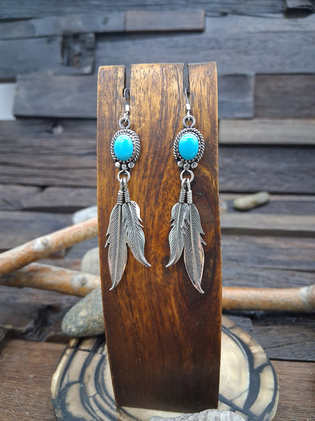 Sterling Silver Turquoise Feather Hook Earrings by Rita Largo
