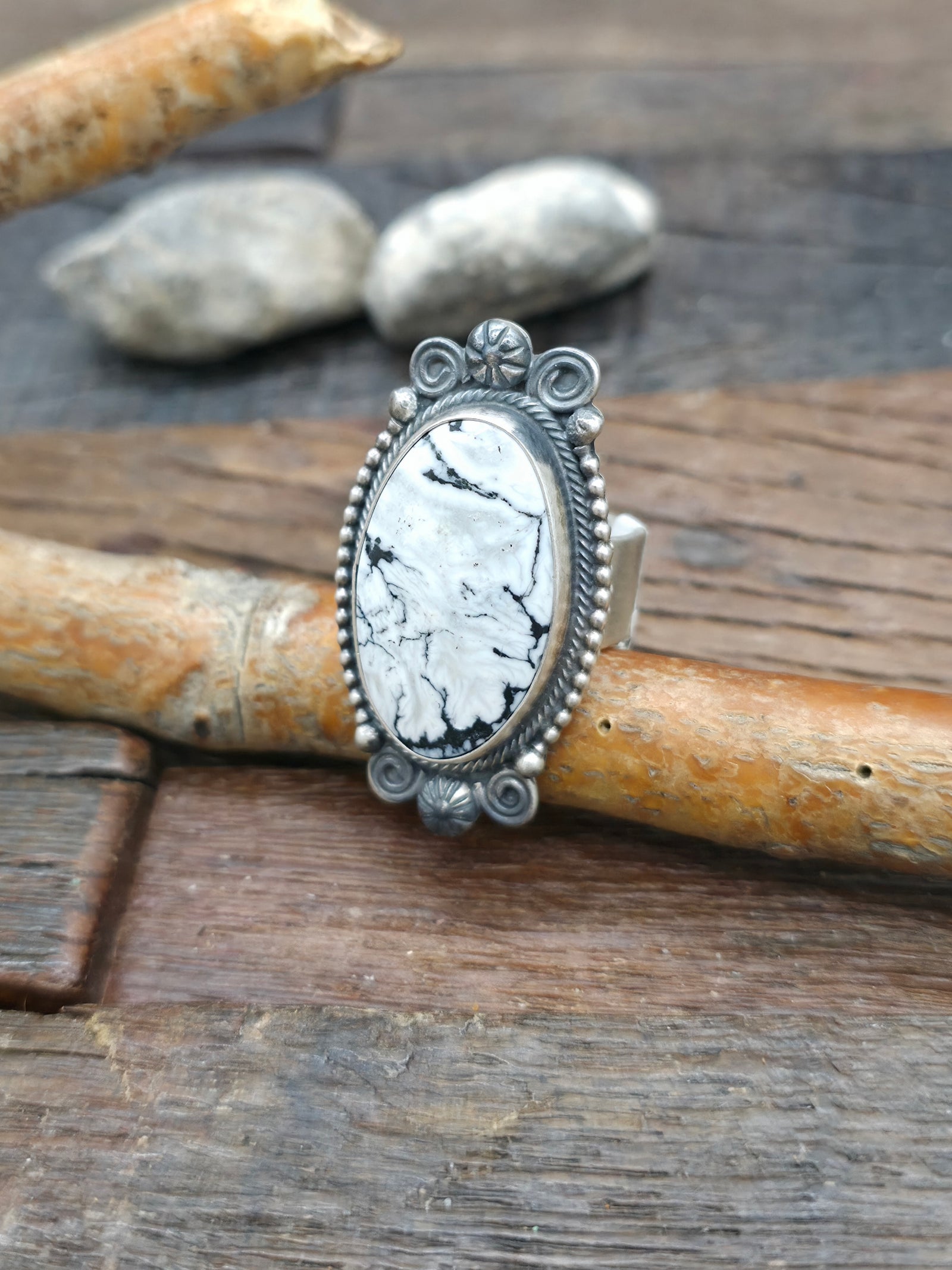Sterling Silver White Buffalo Ring with Rope and Starshots - Size 8