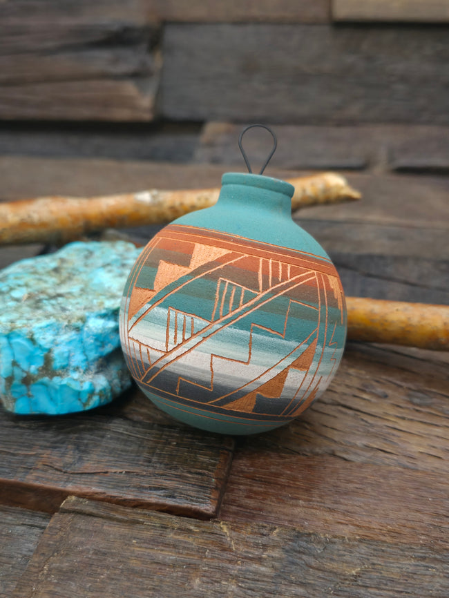 Navajo Etched Christmas Ornament Bauble by Viveca Tsosie - Green