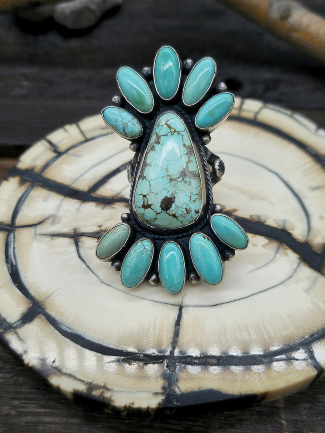 Large Sterling Silver Turquoise Cluster RIng by Shelia Becenti - Size 11