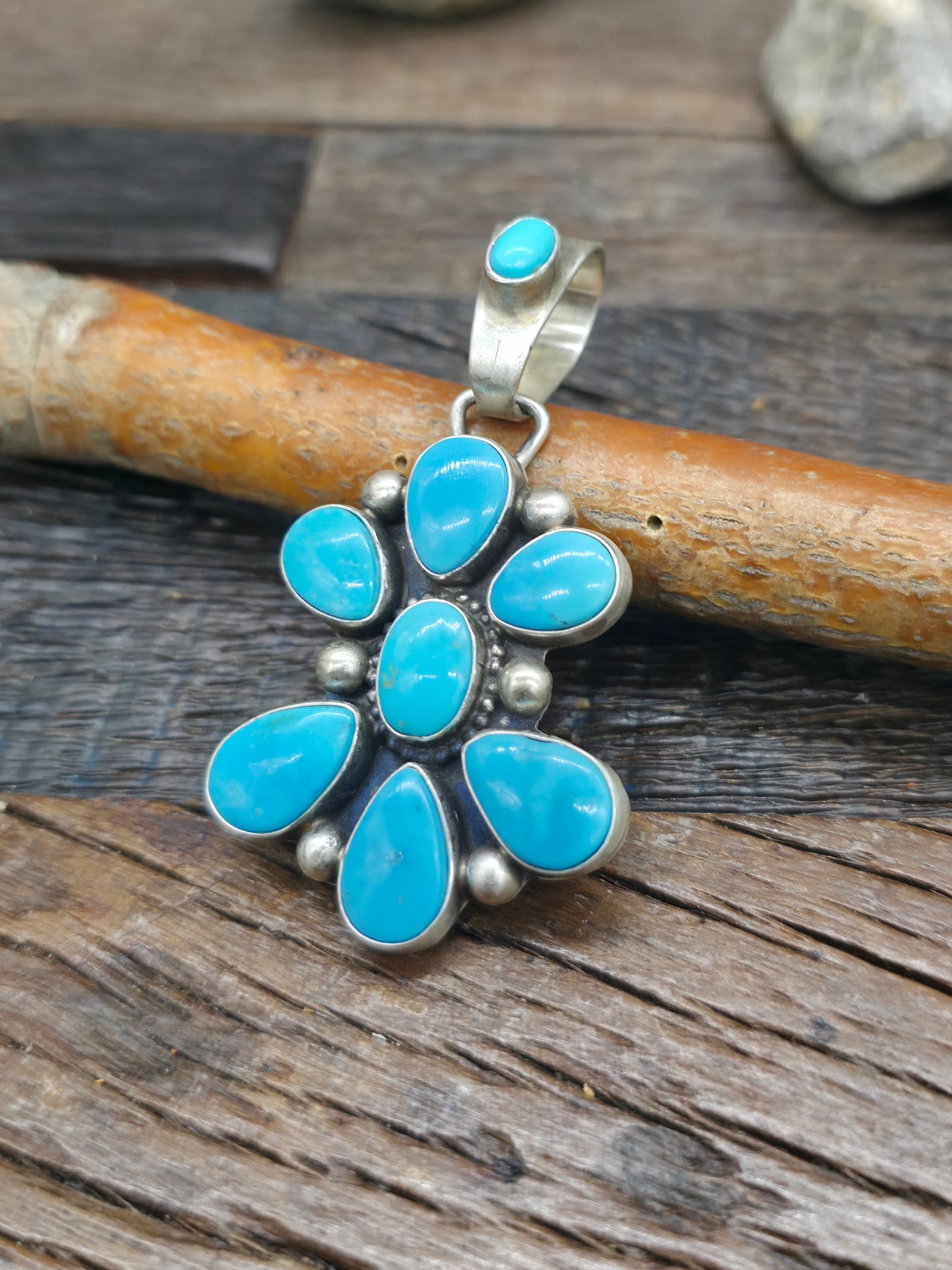 Sterling Silver Turquoise Cluster Pendant by Kathleen Livingston - 2 1/4 in. by 1 1/4 in.