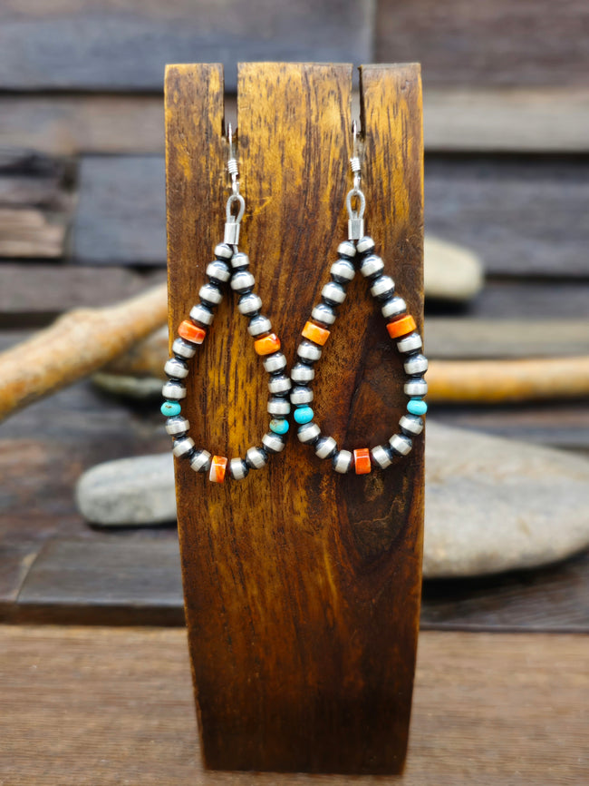 Sterling Silver, Spiny Oyster, and Turquoise Bead Hanging Loop Earrings