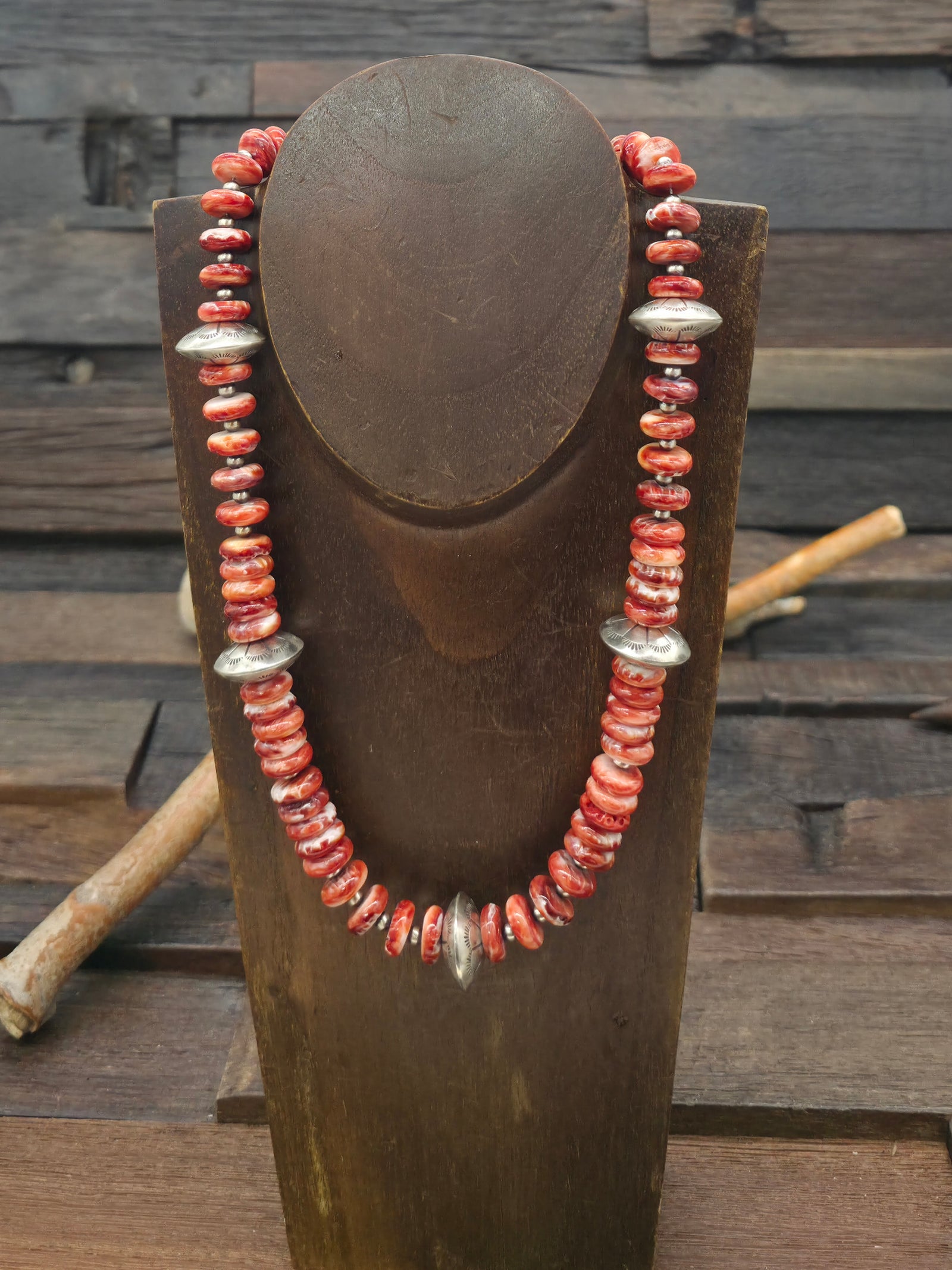 Orange Spiny with Stamped Sterling Silver Bead Necklace - 20 in.