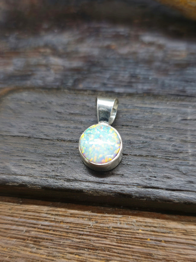 Mini Circle White Lab Opal Pendant