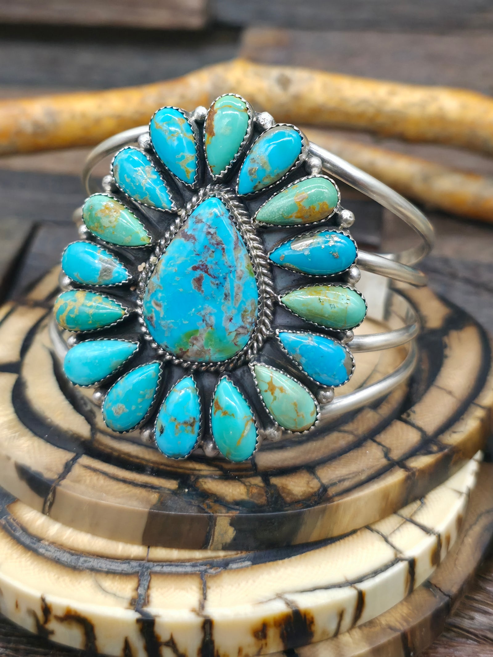 Sterling Silver Mixed Turquoise Cluster Bracelet by E. Garfield - 7 in. with Gap