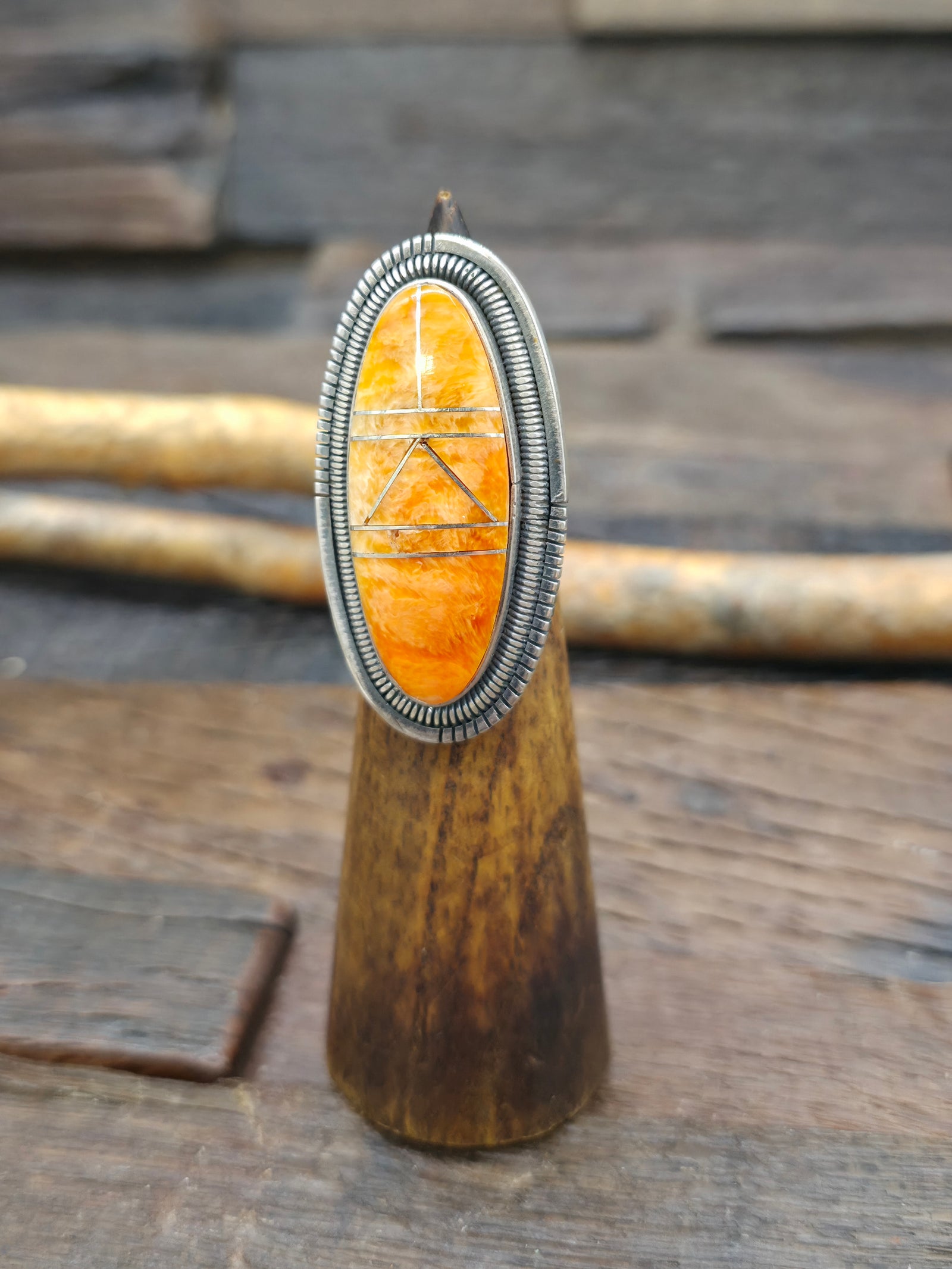 Long Sterling Silver Spiny Oyster Inlay Statement Ring by Walter Vandever - Adjustable