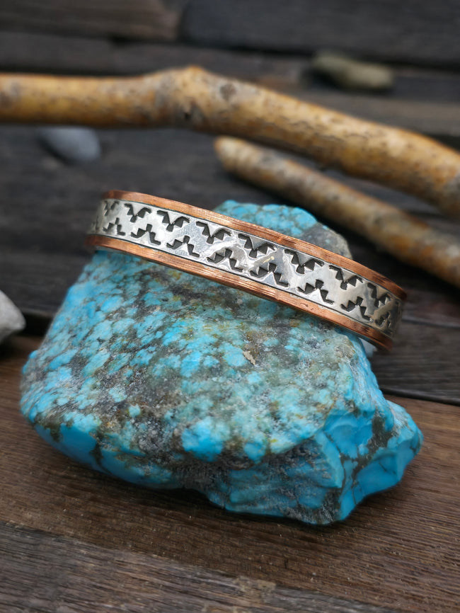 Narrow Copper and Stamped Sterling Silver Cuff by Wylie Secatero - 7 in w/Gap