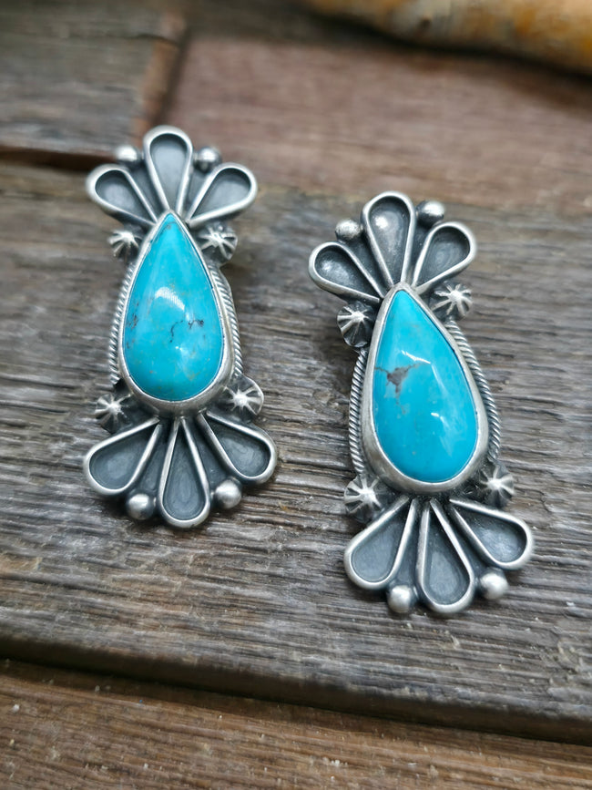 Sterling Silver Turquoise Pear Fan Earrings by Bobby Johnson - 1 3/4 in. by 3/4 in.