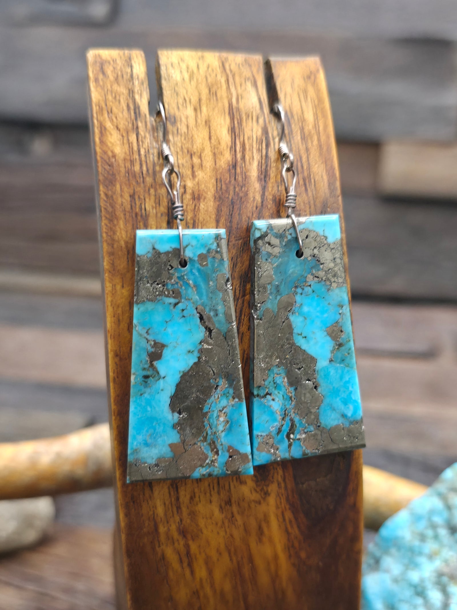 Blue Turquoise Slab Earrings with Metallic Matrix