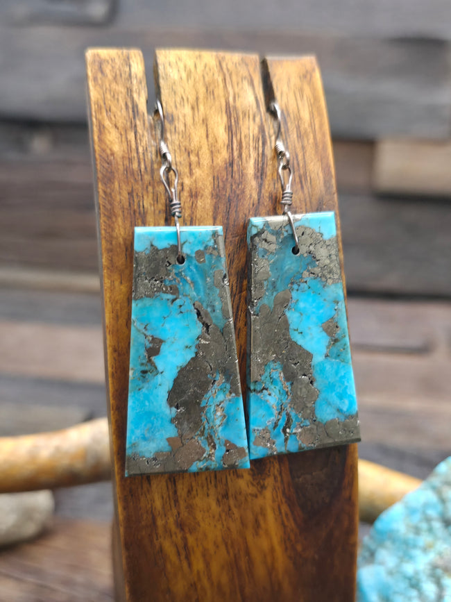 Blue Turquoise Slab Earrings with Metallic Matrix