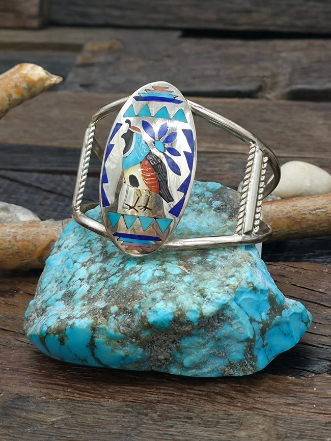Sterling Silver Quail Inlay Cuff Bracelet with Turquoise, Lapis, Jet and Coral by Quinton Quam - 6 3/4 in. with Gap