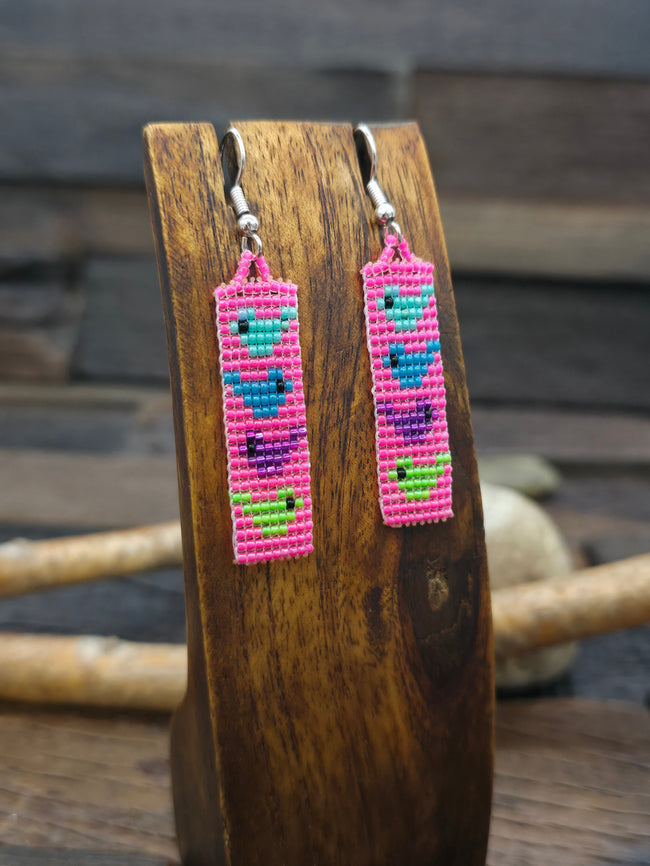 Pink Birdie Beadwork Hook Earrings