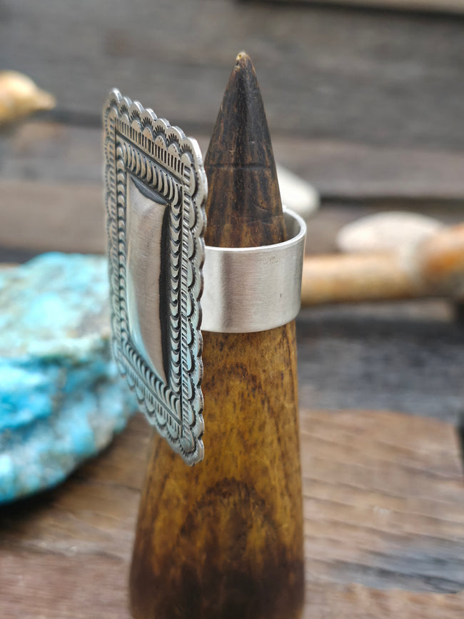Adjustable Stamped Sterling Silver Ring by Leander Tahe - Rectangle