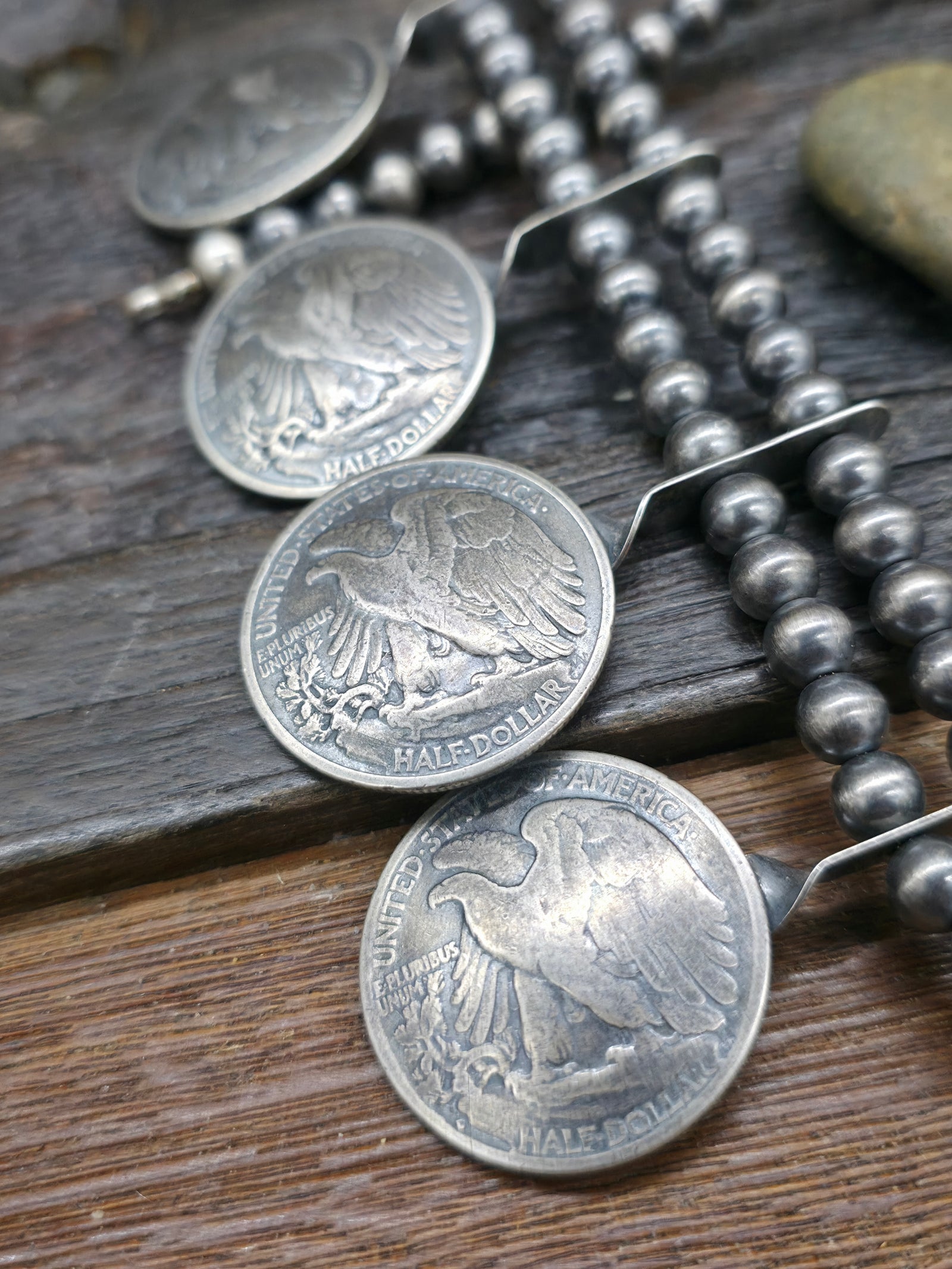 Eagle Half Dollar Coin Silver Squash Blossom Necklace - 24 in.