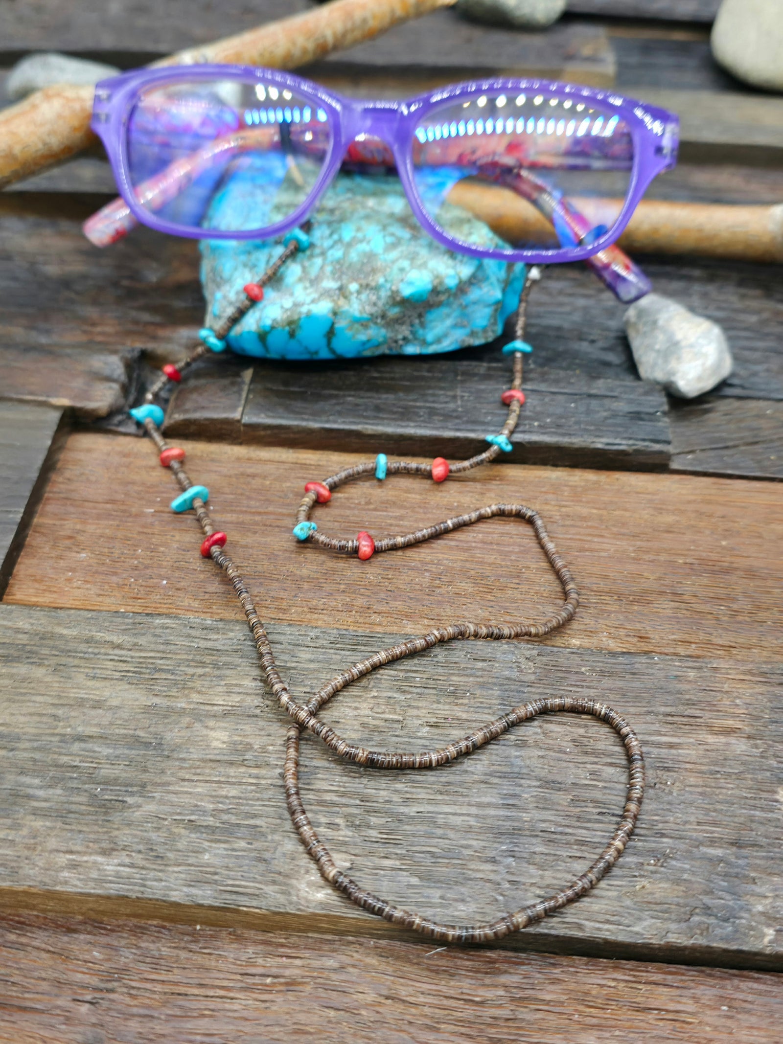 Turquoise and Coral Dark Heishi Eyeglass Chain by Ramona Bird - 26 in.