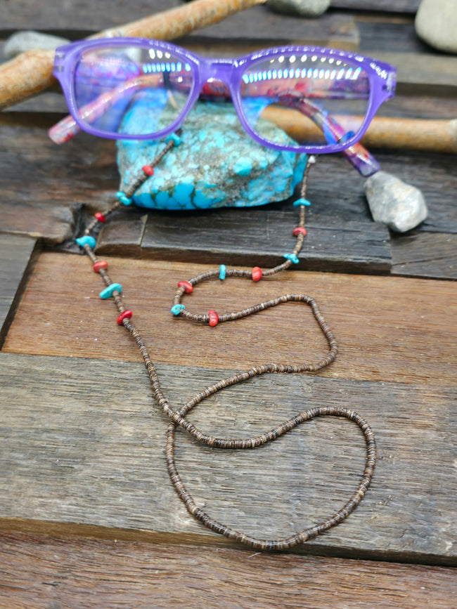 Turquoise and Coral Dark Heishi Eyeglass Chain by Ramona Bird - 26 in.