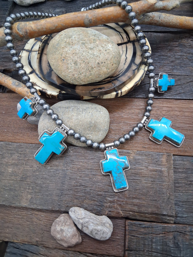 Kingman Turquoise Sterling Silver Navajo Beads 20in Necklace by L. Archuleta