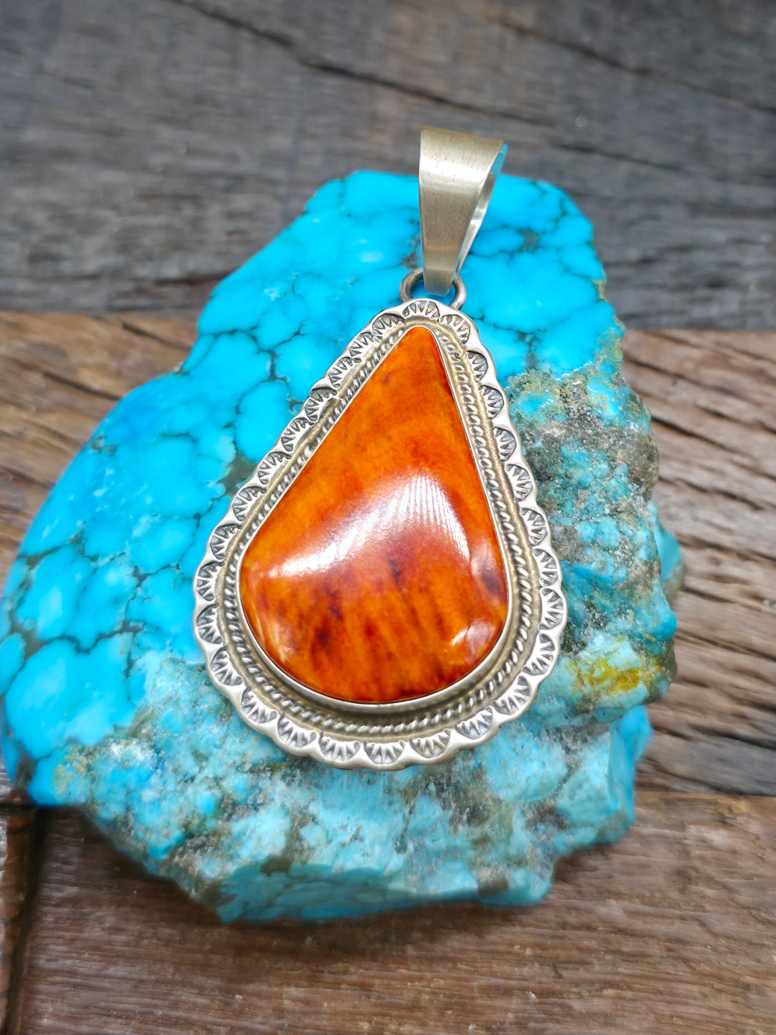 Sterling Silver Orange Spiny Oyster Pendant by Thomas Francisco - 2 3/4 in. by 1 1/2 in.
