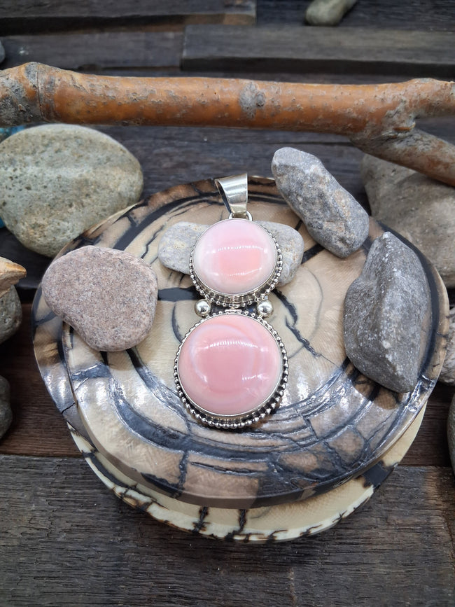 Pink Conch and Sterling Silver Two Stone Pendant by Randy Billy